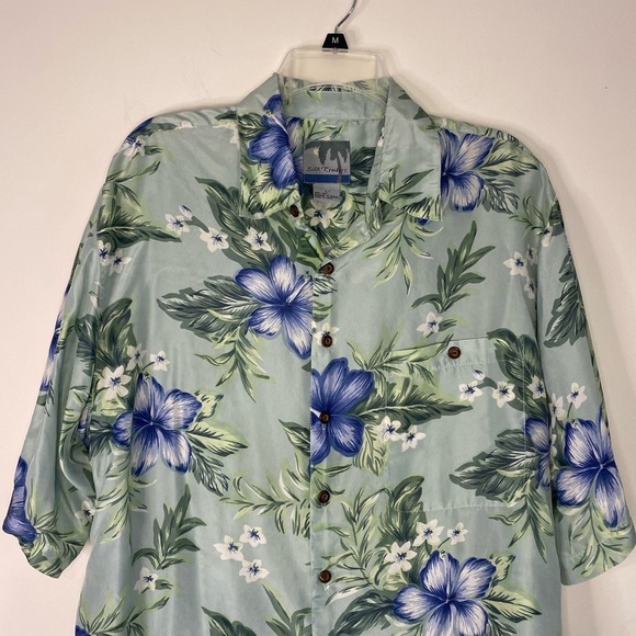 Mens Silk Traders Green Floral Hawaiian Short Sleeve Button Up Silk Shirt Large - Picture 3 of 8